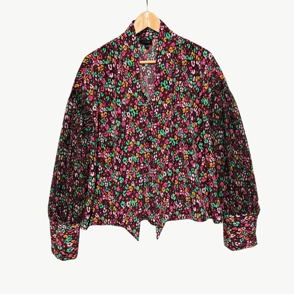 Who What Wear Womens Tie‎ Neck Balloon Sleeve Top XXL Green Pink Abstract Floral - Picture 3 of 10